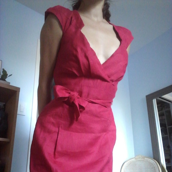 Red Linen Cocktail Dress - Picture 3 of 7
